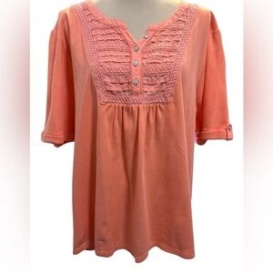 Christopher & Banks Women’s 3X Top Crochet Button Front Short Sleeve Peach Color
